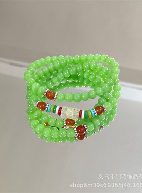 六字真言玻璃水晶手链女108颗4圈佛珠静心手串女生民族风手链礼物