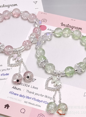 原创爆花晶串珠爱心手链女孩玻璃手链闺蜜手串甜美个性蝴蝶结手链