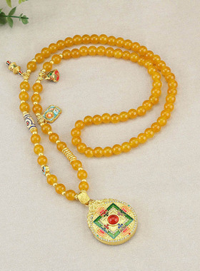 新中式复古珐琅彩圆盘串珠项链国风古风毛衣链马面裙旗袍古风配饰