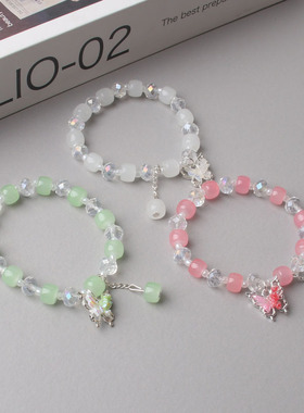 女孩琉璃手链清新玻璃珠手串 多色可选渐变串珠手链 蝴蝶吊坠手饰