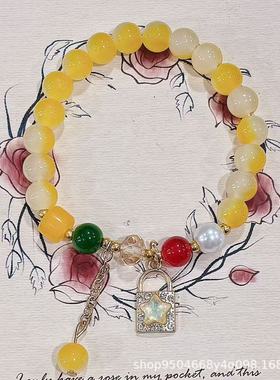 彩色仿玉爆花精致小锁水晶琉璃手链女孩学生古风流苏手链串珠手串