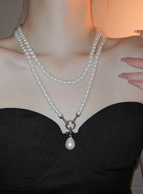 新款轻奢长款仿珍珠项链旗袍长款项链百搭简约风中式珍珠项链叠戴