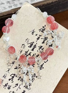 女孩琉璃手链甜美粉恋蝶手链学生冰透感爆花蝴蝶结水晶流苏手链