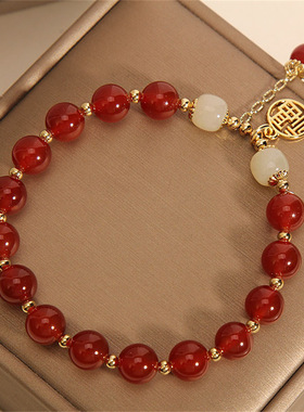 少女红色琉璃手链福气手串复古中国风红玛瑙玉兔福字牌手链手饰