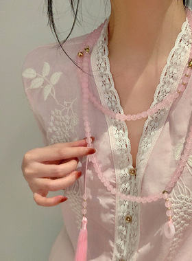 新中式平安扣流苏串珠斜挎链长款项链国风古风配饰女旗袍复古璎珞