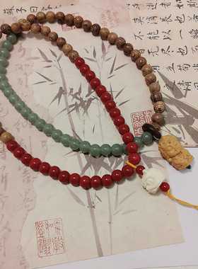 少女红学生手链新中式醒狮吊坠国风手链鸡翅木琉璃珠双圈手串女孩