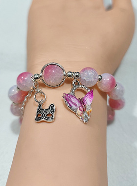 女孩粉琉璃手链炫彩樱粉蝴蝶少女琉璃手链学生闺蜜手串礼物手饰