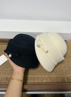 黑色小礼帽女秋冬新款韩系复古珍珠盆帽小众设计气质显脸小贝雷帽