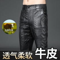 Haining Genuine Leather Leather Pants Mens Head Layer Cow Leather Plus Suede Thickened Locomotive Motorcycle Men Pants Warm Leather Hair