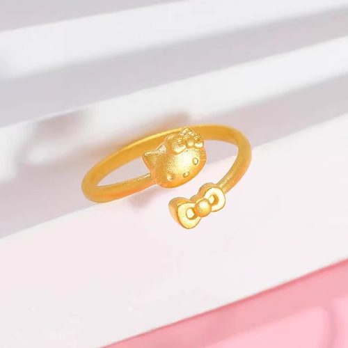 999足金哈喽kitty猫戒指女款黄金蝴蝶结凯迪KT猫指环情人节礼物 - 图1