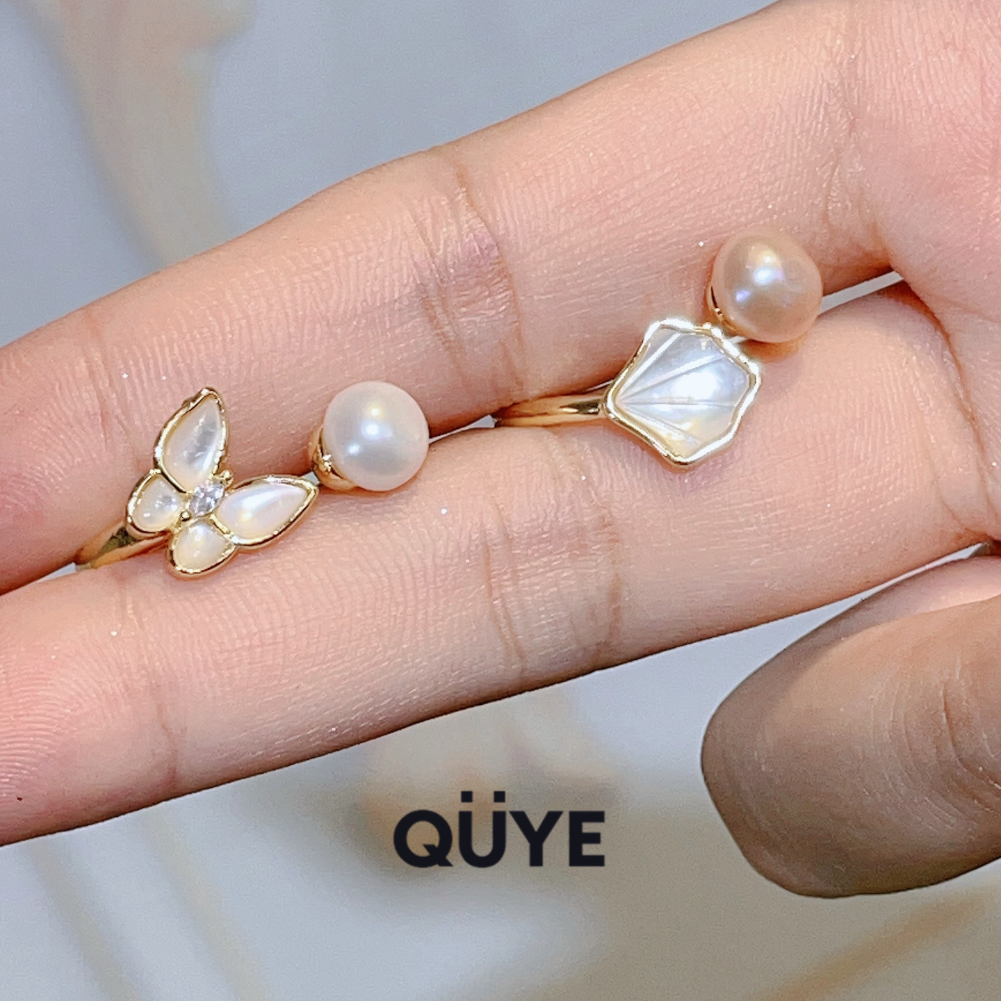 温柔风~绝美猫眼感小众设计贝壳蝴蝶近圆形天然淡水真珍珠戒指环 - 图0