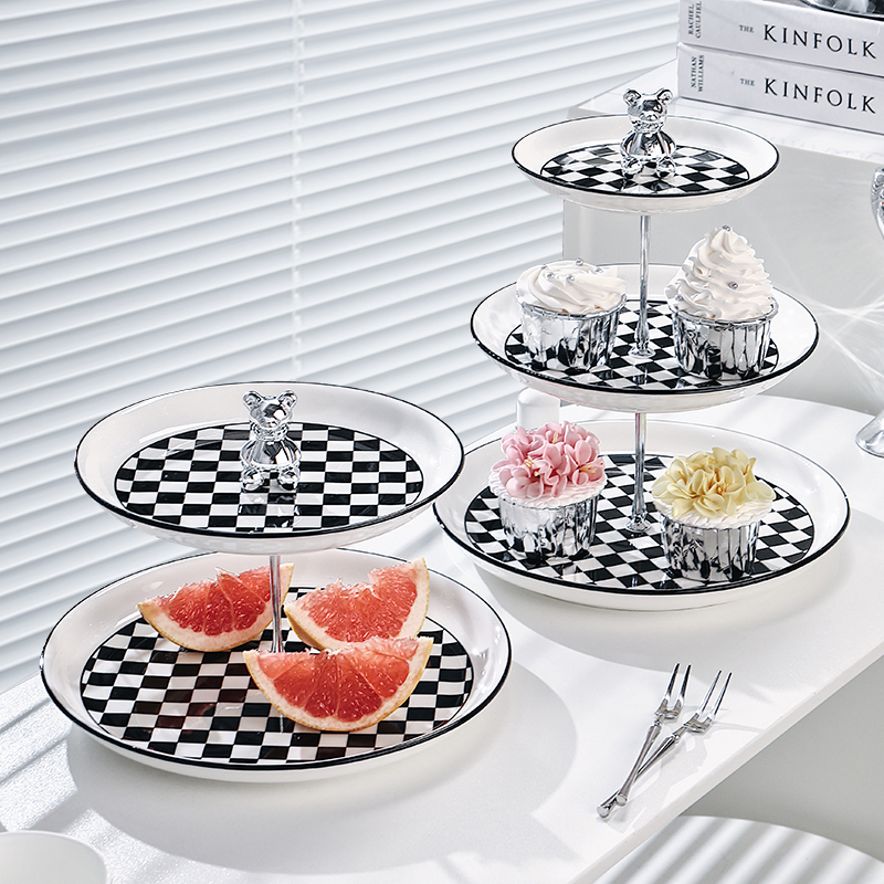 网红棋盘格水果盘家用客厅茶几多层陶瓷创意现代甜品糖果盘零食盘 - 图0