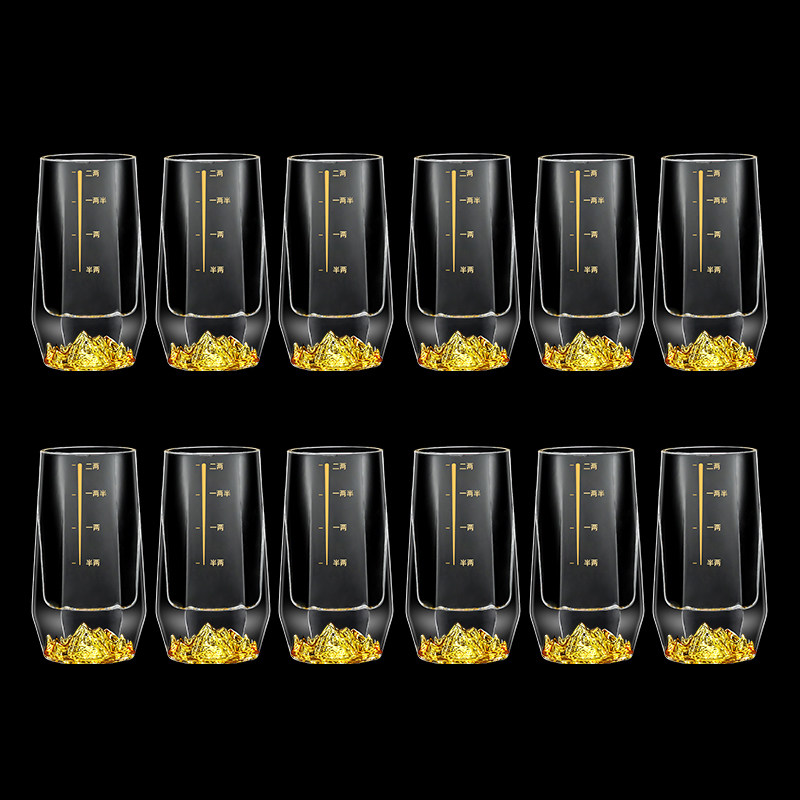 金山二两白酒杯套装家用玻璃2两中式100ml金箔白酒酒具带刻度杯架,淘宝优惠券,粉丝福利购,淘宝优惠卷