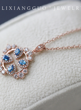 蓝丝绒法式复古设计925金项链