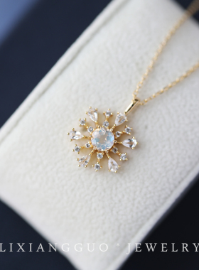 蓝光月光石925纯银镀金十字链