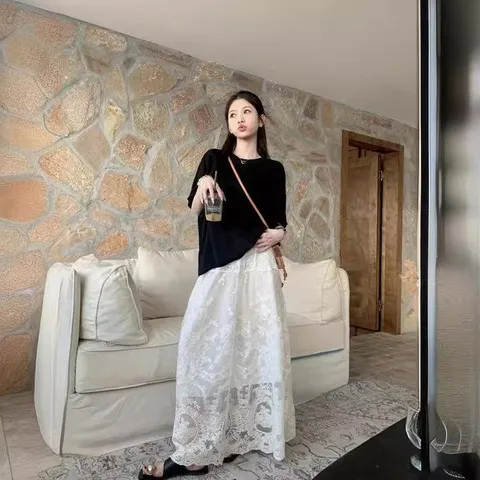 上衣实拍宽松女短袖半身裙52554+T恤高腰裙子小众设计感蕾丝a字,淘宝优惠券,粉丝福利购,淘宝优惠卷