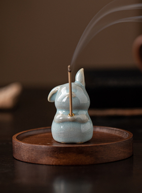汝窑天青小兔线香插茶宠摆件装饰