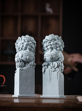 青砂石招财新中式桌面狮子柱摆件