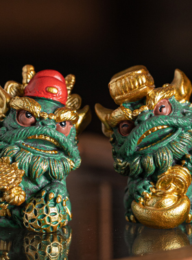 瓷水陶清国潮中式石狮子装饰摆件