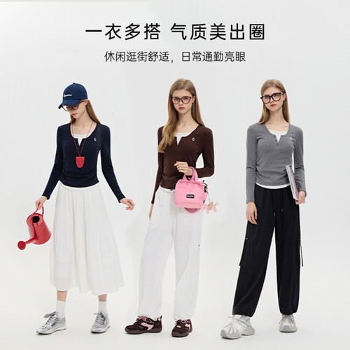 商场同款]北欧时刻假两件修身显瘦T恤女25秋季新款长袖打底衫上衣 - 图2