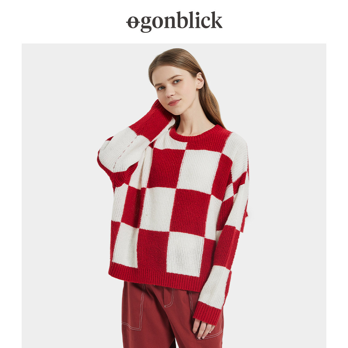 北欧时刻棋盘格女慵懒风显瘦毛衣 gonblick北欧时刻毛衣