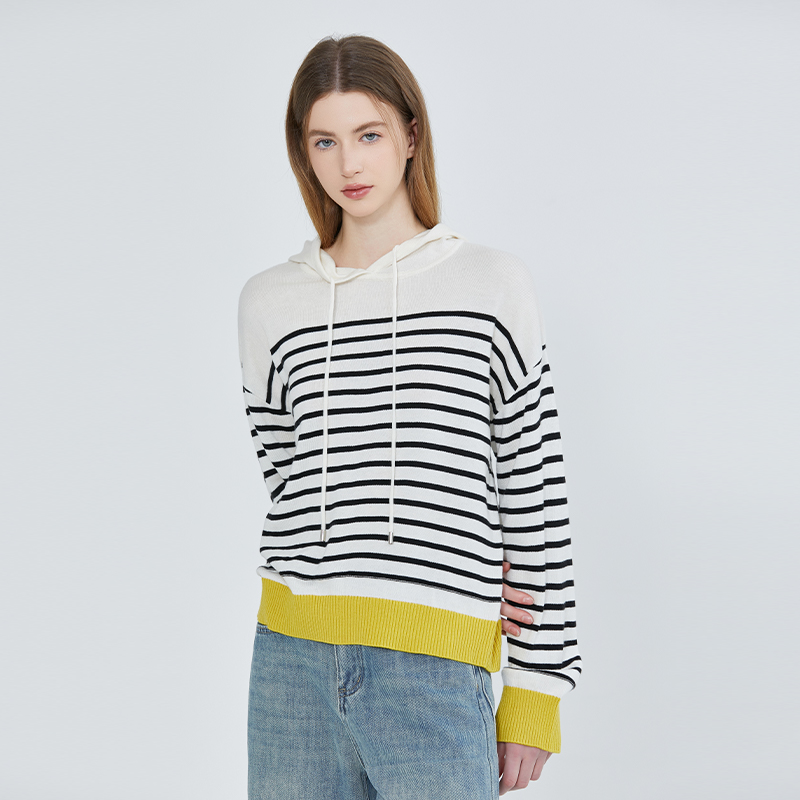 [商场同款]北欧时刻条纹连帽针织衫女春季新款拼色套头毛衣外套 - 图3