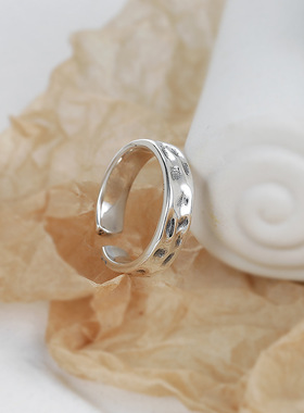 手工锡纸纹理s925纯银戒指ins冷淡风小众设计款高级感中性食指戒