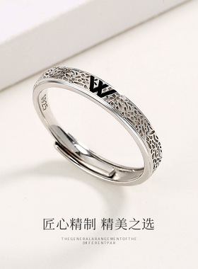 S925银博君一肖W戒指欧美冷淡风字母高级轻奢素圈食指环精致饰品
