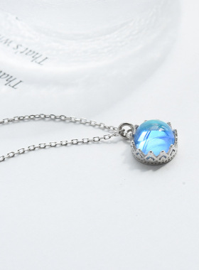 s925银极光项链女韩版小清新蓝色渐变圆形气质短款锁骨链