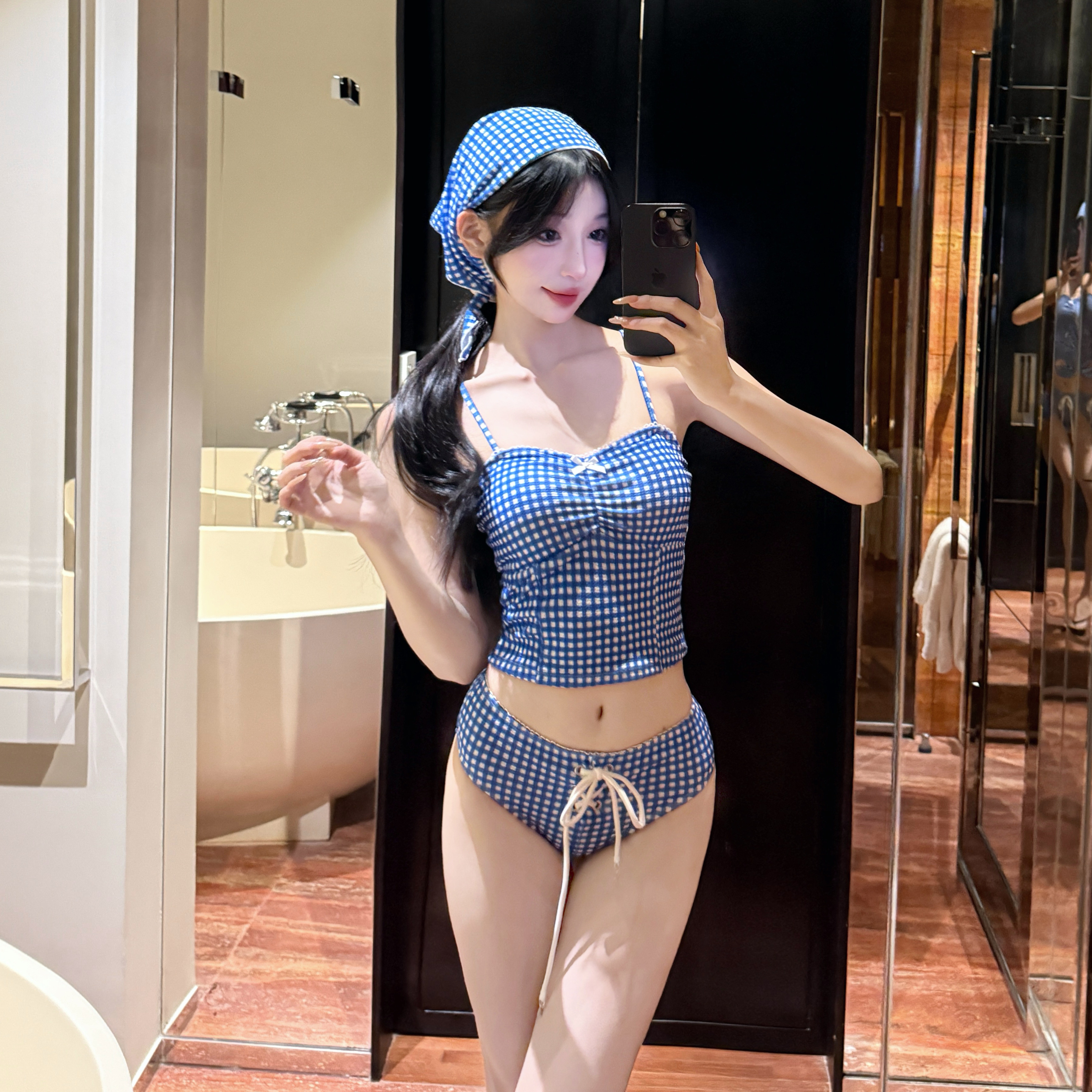 比基尼泳衣女复古格子显白少女甜美小胸聚拢三件套海岛度假泡温泉,淘宝优惠券,粉丝福利购,淘宝优惠卷