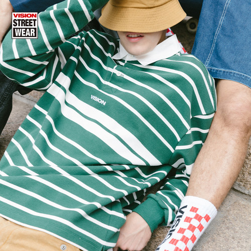 VISION复古街头绿色条纹长袖POLO衫男女同款春秋季潮流上衣 - 图3