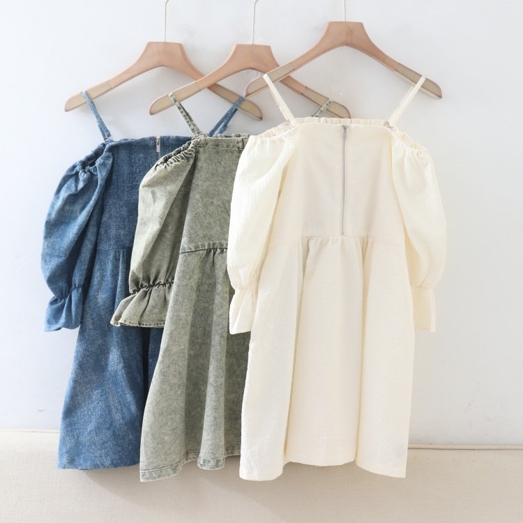 C04078日单客供料新款客供甜美松紧显瘦有肩带可拆女喇叭袖连衣裙,淘宝优惠券,粉丝福利购,淘宝优惠卷