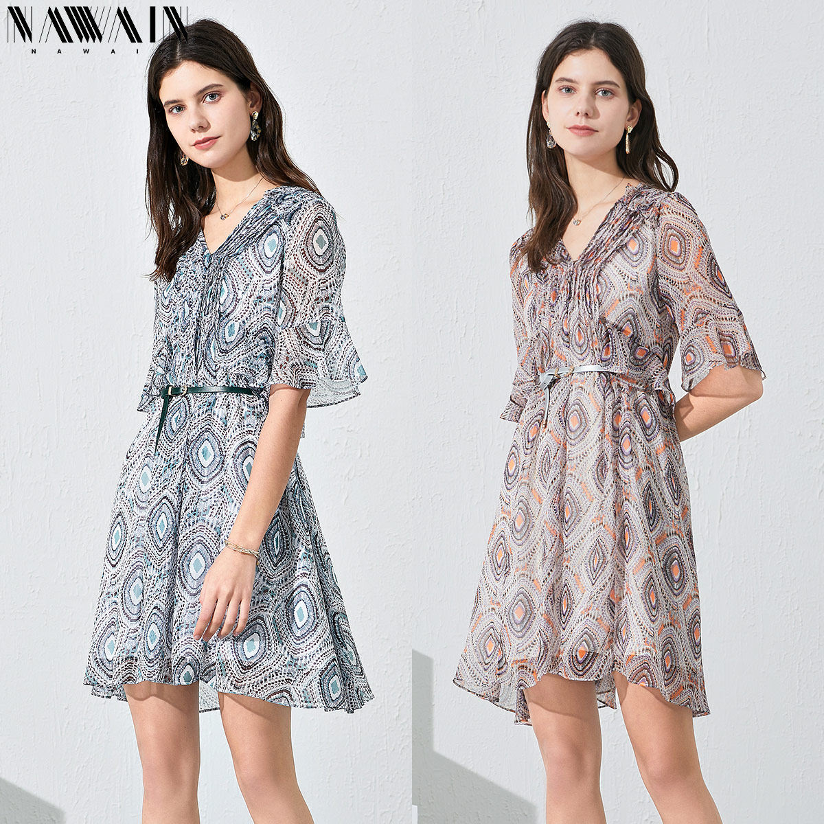 纳纹2020夏季新款v领收腰显瘦长裙 纳纹服饰连衣裙