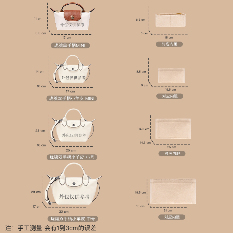 适用Longchamp龙珑骧饺子包内胆包中包撑单双手柄mini内衬收纳包 - 图2