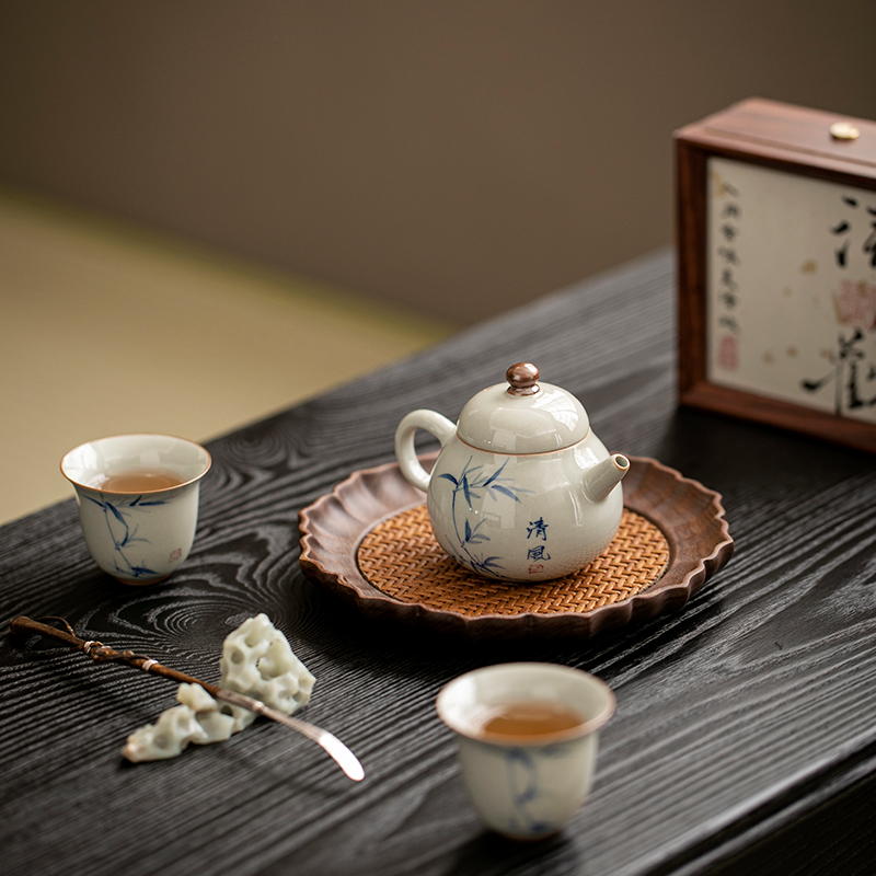 复古陶瓷茶壶茶杯茶盘小套功夫茶具套装1壶2杯简约手绘泡茶器小型