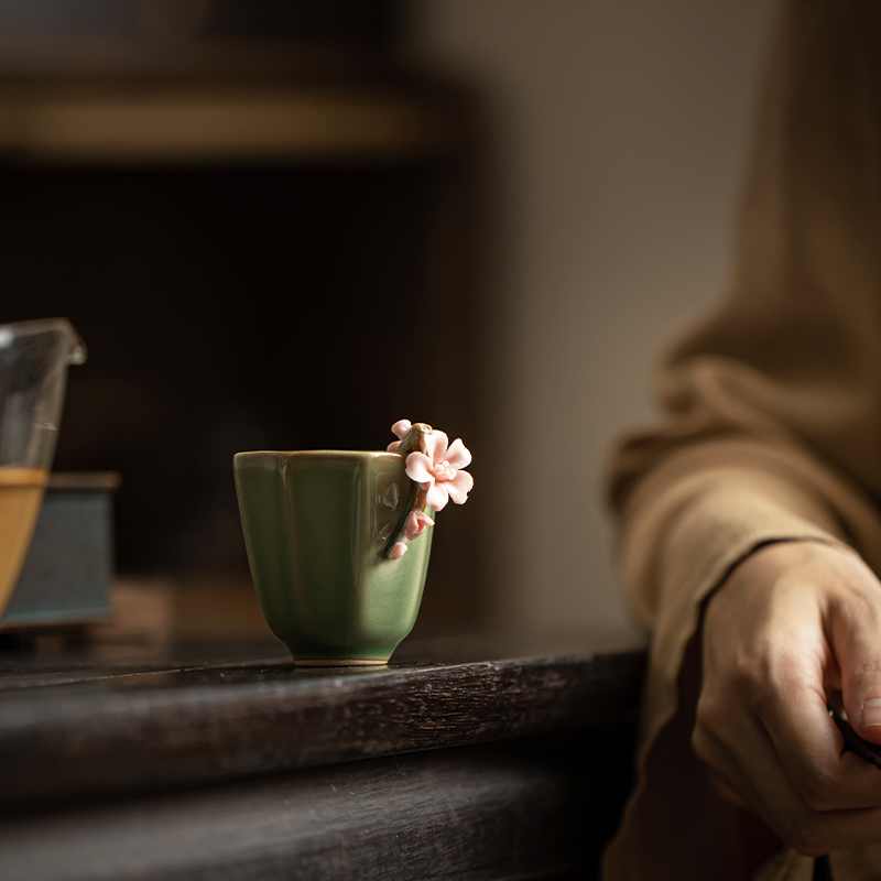 复古手工捏花主人杯单杯家用茶杯陶瓷品茗杯功夫茶具茶盏八角杯 - 图0