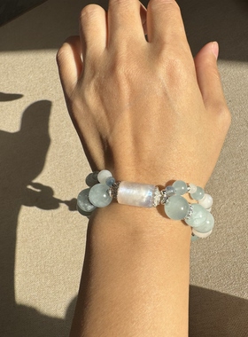 原创 |蓝月光桶珠奶蓝海蓝宝12.5mm白月光玉化蓝晶白玛瑙星星【50