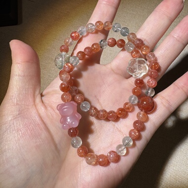 原创高货金太阳阿鲁沙双圈手串6mm红胶花盐源玛瑙小熊绿萤石【118