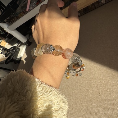 原创小树胶花无事牌+彩闪灵胶花13.8mm+金虎眼+彩胶花+灰月光手串