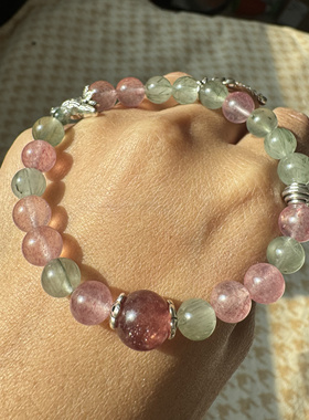 定制鸽血红草莓晶10m+白水体草莓晶7.5+绿发晶7.5m+绿兔毛3.5手串