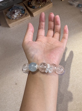 原创绿锂云母+胶花粉阿塞16mm+紫水晶兔毛蓝天白云海蓝宝【H75】