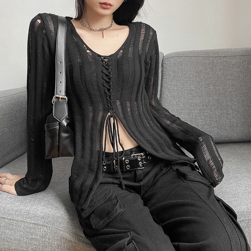 Bandage Blouse Grunge Black Casual Sexy Knitwear T-shirt Y2k - 图0