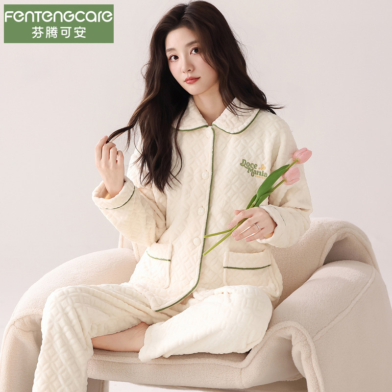 睡衣女秋款2025新款开衫法兰绒大码秋冬季珊瑚绒加绒保暖款家居服 - 图1