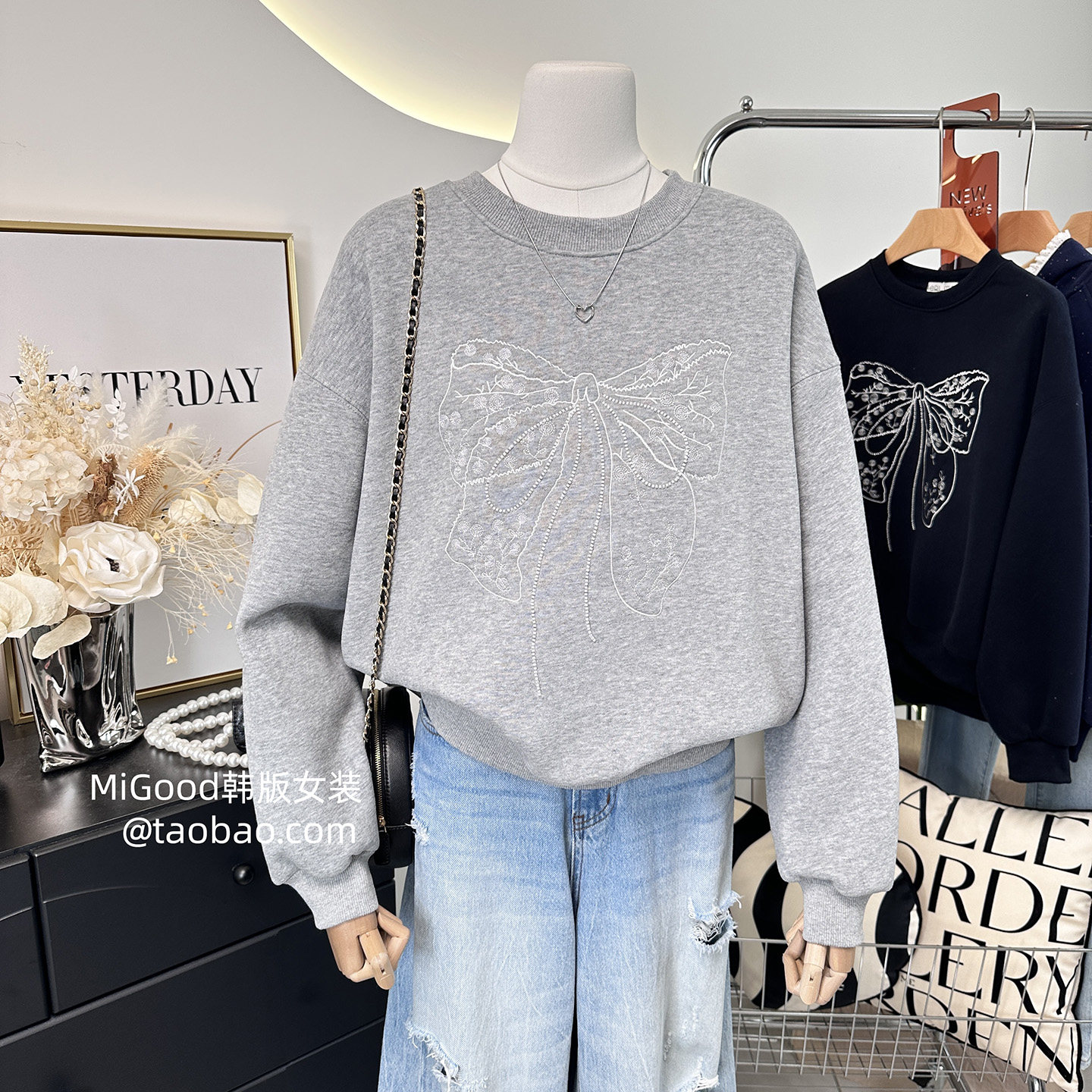 韩系刺绣蝴蝶结宽松大码加绒加厚卫衣女新款2025爆款时尚洋气短款,淘宝优惠券,粉丝福利购,淘宝优惠卷