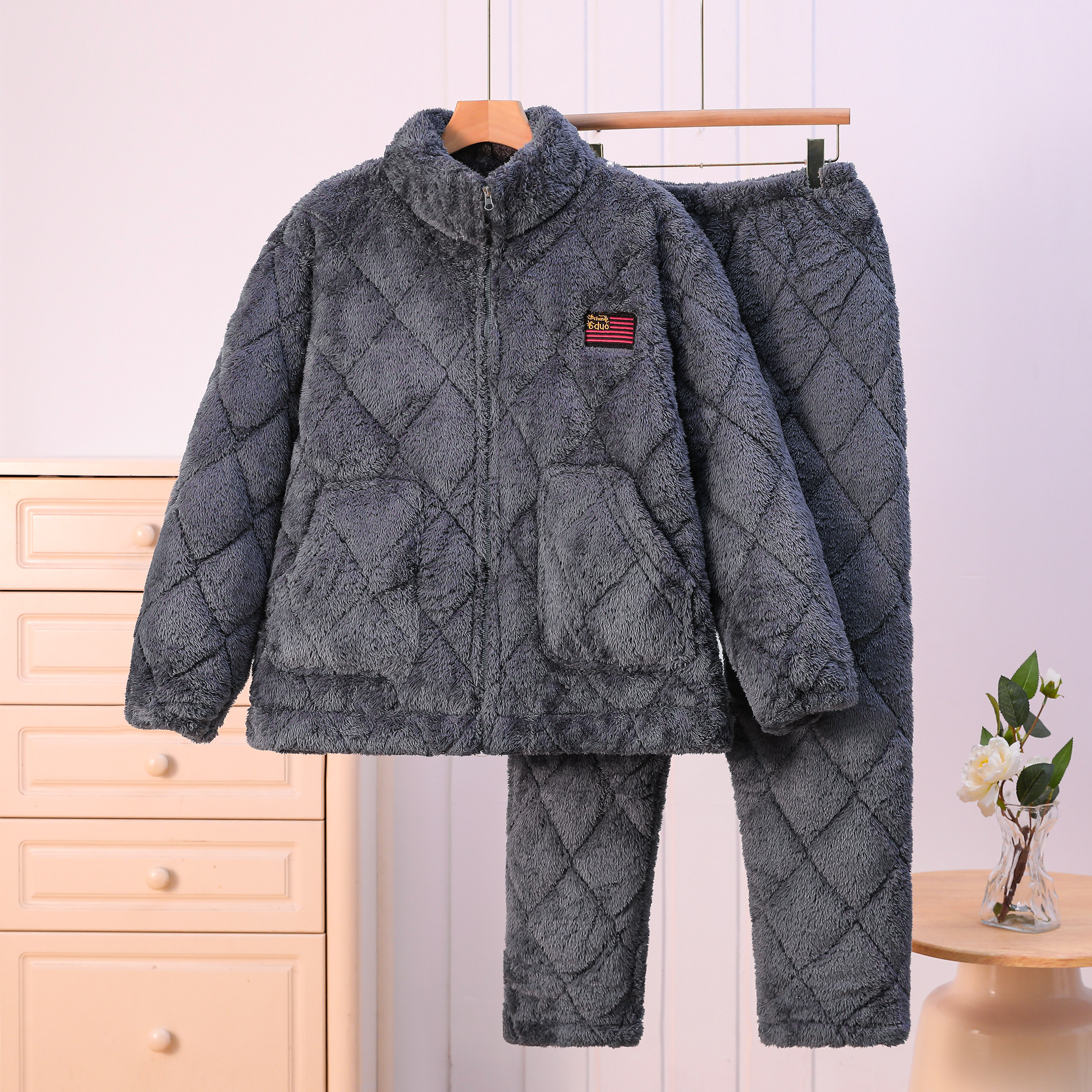 情侣睡衣女士珊瑚绒睡衣套装秋冬加厚加绒保暖立领家居服