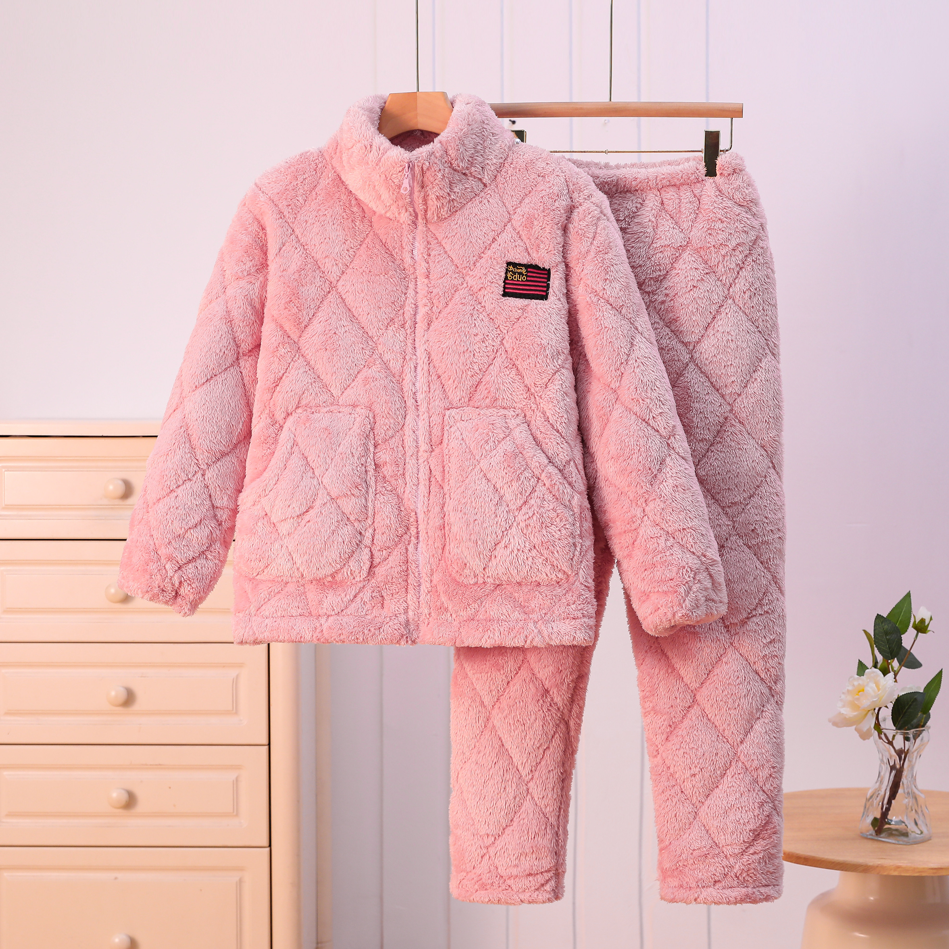 情侣睡衣女士珊瑚绒睡衣套装秋冬加厚加绒保暖立领家居服