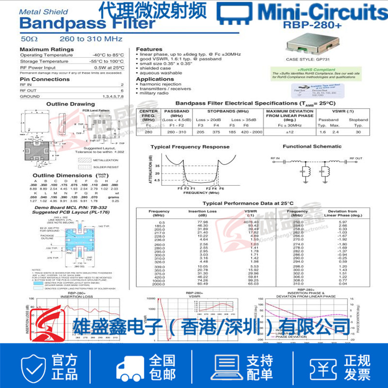 Mini-Circuits  RBP-280+ 260to310MHZ50Ω 贴片带通滤波器 - 图0