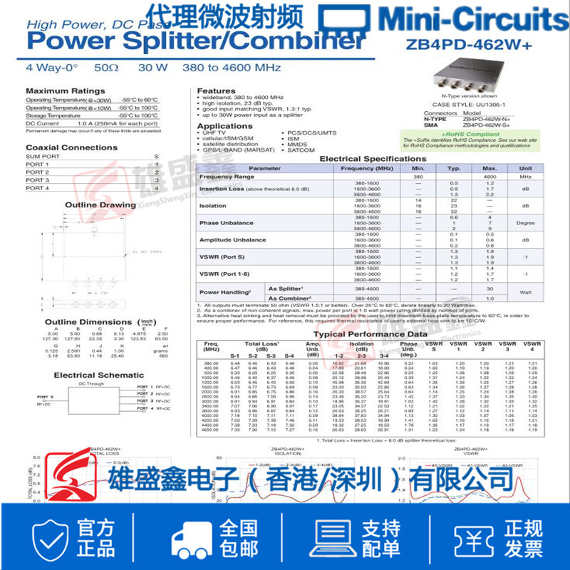 Mini-Circuits ZB4PD-462W-N+ 380-4600MHz  一分四功分器 N - 图3