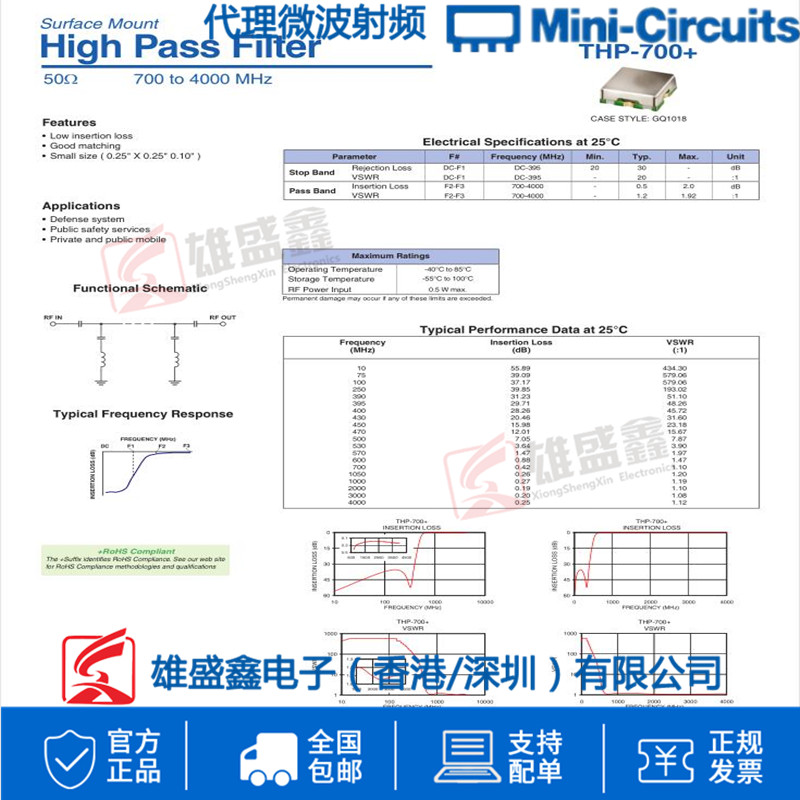 Mini-Circuits THP-700+ 700-4000MHZ 50Ω贴片高通滤波器-图1