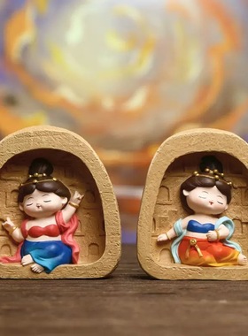 国潮福禧敦煌莫高窟摆件中式飞天敦煌树脂工艺品萌趣设计公仔摆件